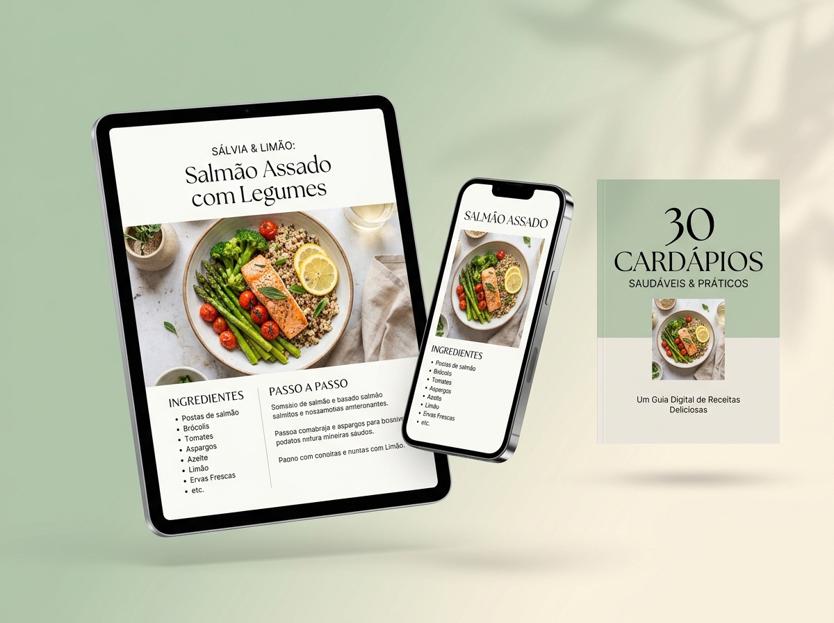 Mockup do guia 30 Cardápios pra Quem Come Pouco em tablet e celular